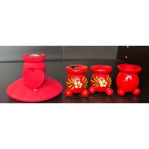 Swedish Red Wooden Candlestick Holders Set Of 4 Heart Folk Art Made in Sweden